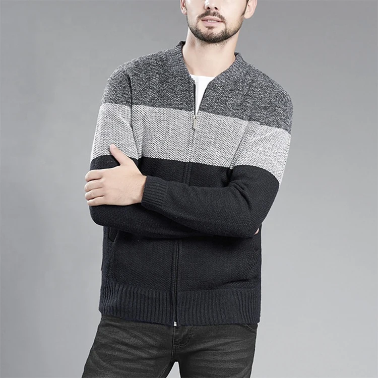 2021 Winter Fashion O Neck Long Sleeve Grey Color Block Zip Up Mens Cardigan Sweater For Men