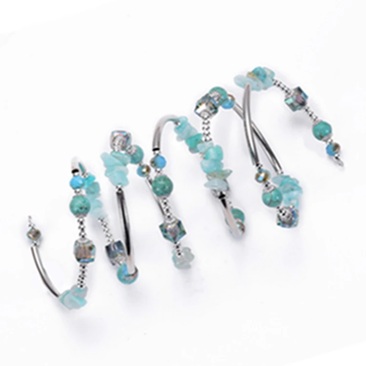 HP-01 Fashion Metal Cuff Bracelet Handmade Jewelry Memory Wrap Spiral Turquoise Bead Natural Crystal Stone Bangle Bracelet
