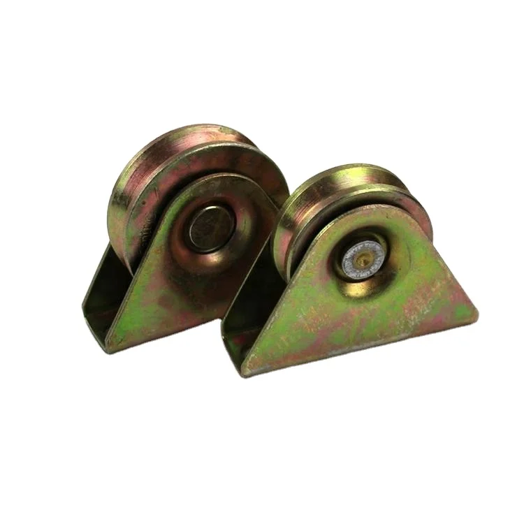 V-groove sliding gate rollers with single bearing and outer support.groove door wheel,yellow color v groove gate pulleys.