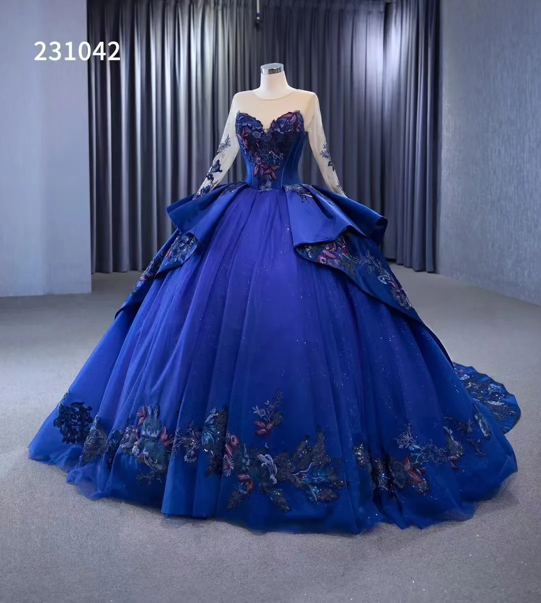 Feishiluo Wholesale  Muslim Full Sleeves Royal  Blue  bridal ballgown  luxury Fluffy wedding dresses  Custom Made