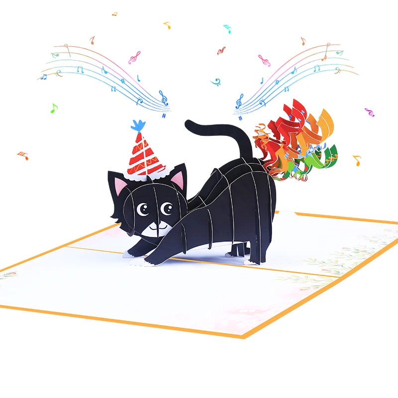 Handmade Musical with Led  Light Up Happy Birthday Anniversary Cat  Pop Up Greeting Cards Sound Card