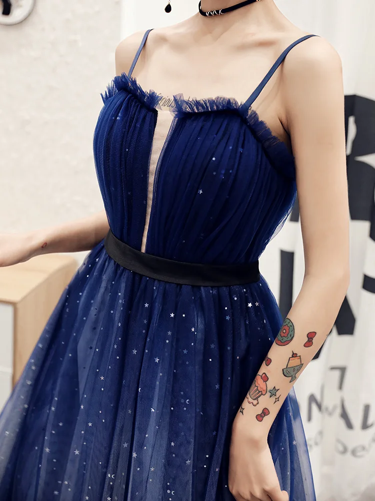 Real Picture Luxury Navy Blue Special Occasion Ball Gown Tulle Fully Beaded Evening Dress