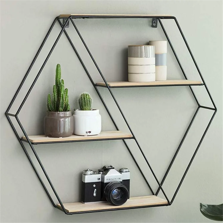 Wholesale High Quality Hexagon Metal And Wooden Wall Mount Hanging Shelf For Living Room