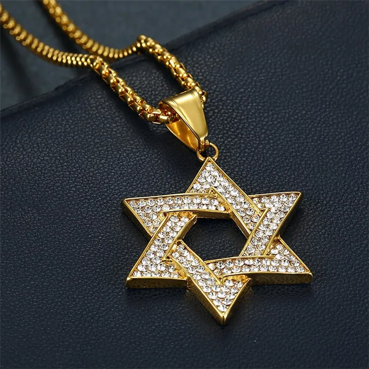 Unisex Hip Hop Gold Plated Pave Diamond Stainless Steel Star of David Pendant Necklace