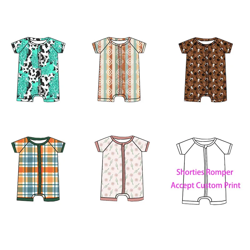 Kids Short Sleeve  Short Pants Romper Bamboo Fabric Western Pattern Custom Print  Newborn Baby Pajamas With Double Zipper