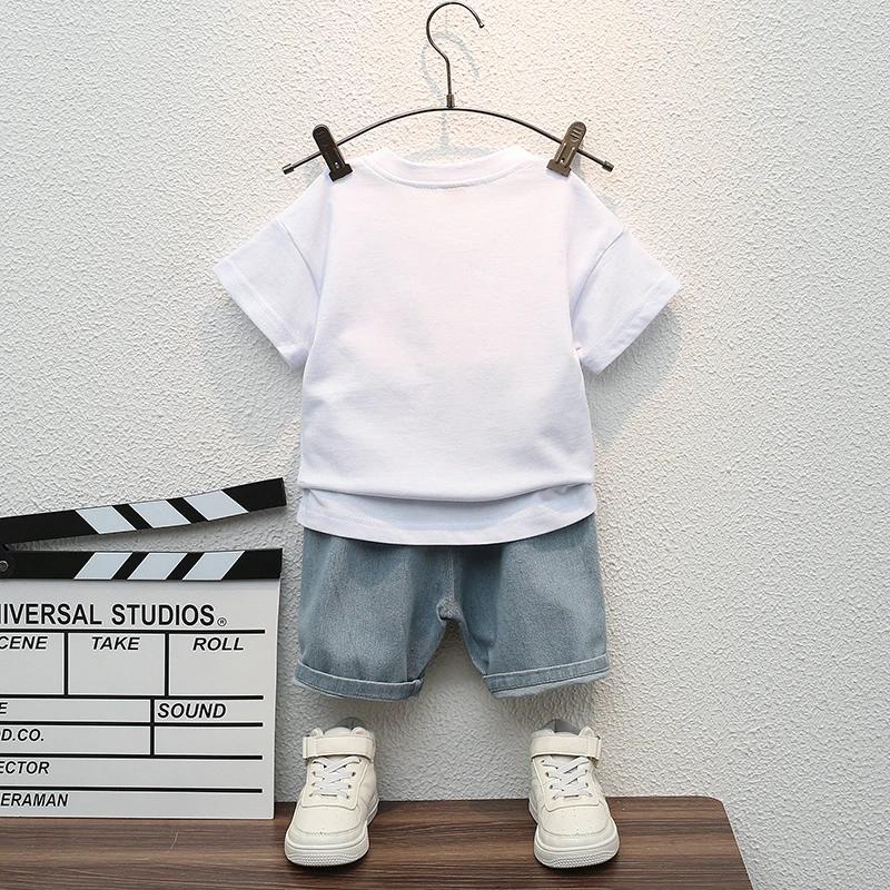 2024 Summer Handsome Baby Boys Boutique Clothing Wholesale Astronaut Short Sleeve T Shirt Jeans 2Pcs Kids Tracksuits Sets