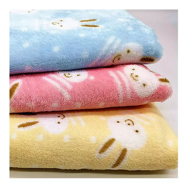 Cute Rabbit Printing Velvet Fleece Baby Wear Fabric Soft Flannel Fabric For Blanket
