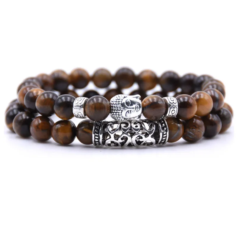 Handmade Volcanic Stone Rosary Bracelet with Buddha Head and Tiger Eye Stone Combination Wholesale for Men and Women