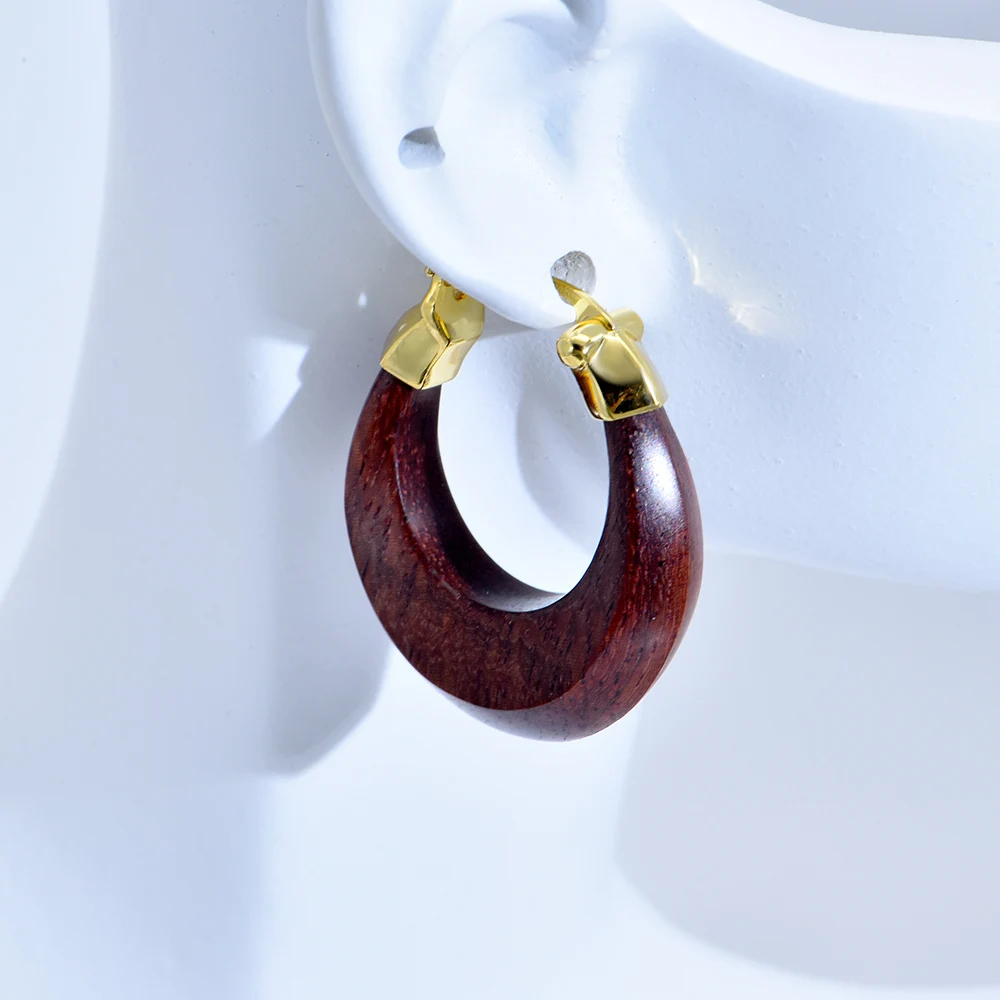 14K Hypoallergenic Gold Filled Wooden Hoop Earrings Natural Red Ebony Close fitting Chunky Style Earrings for Women