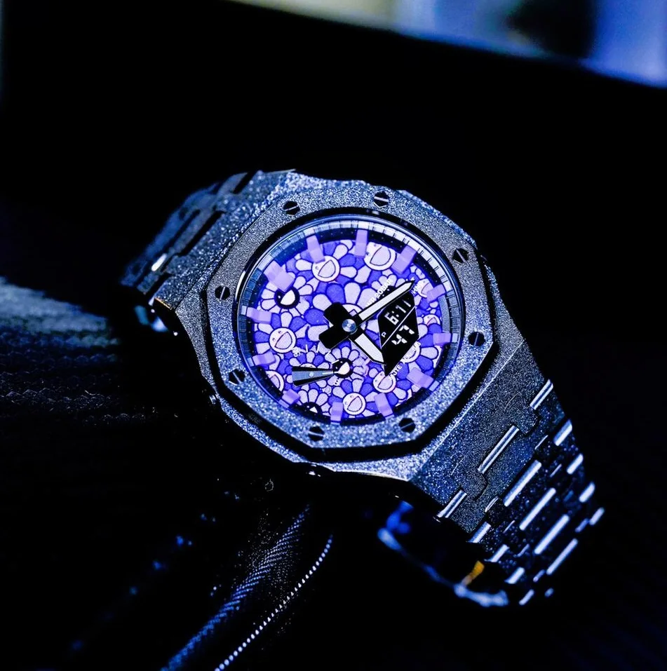 Wholesale Custom Black Frosted purple stainless steel watch case mod kit for g shock ga2100