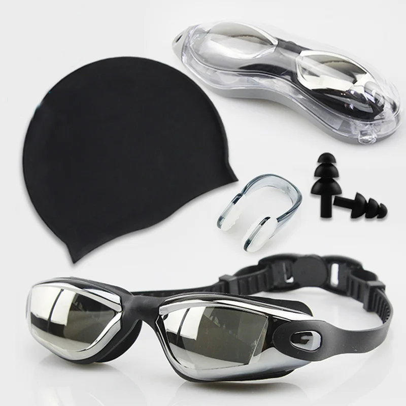 Triathlon adult anti-fog eye protection no leaking 4-in-1 swim goggles and cap set with earplug and nose clip