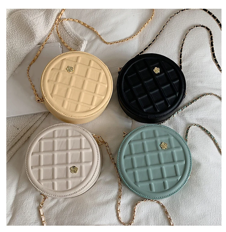 Fashion Personality Indentation Biscuit Small Round Bag Chain Pu Leather Messenger Bag