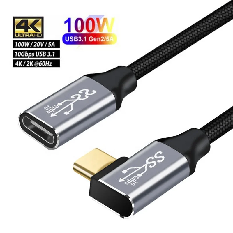 HD 4K USB C Удлинительный кабель 100 Вт PD 5A прямой угол изгиба 90 градусов Gen 2 USB 3,1 Тип C Удлинительный шнур для Macbook Samsung ноутбука