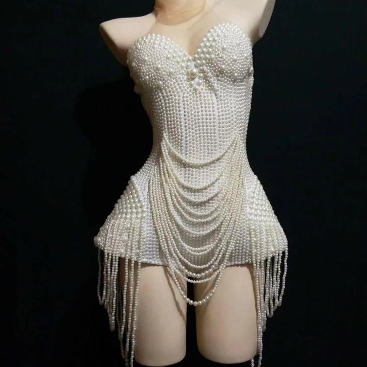 White Pearls Beading Bodysuit Jazz Dance Outfit Evening Stage Show Costume Prom Birthday Bar Women Singer Clothes