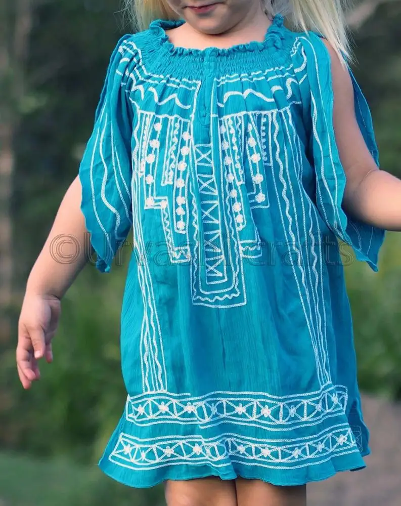 Perfect Summer Outfit Little Girl Hand Embroidered Work Off Shoulder Long Sleeves Kids Beach Tunic Tops Blouse