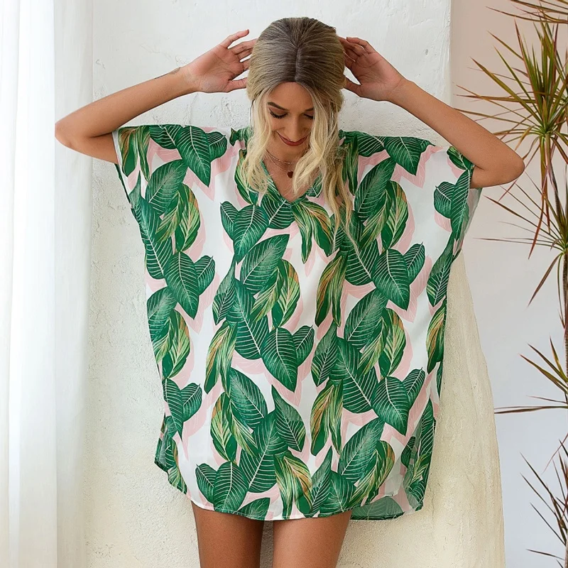 
2021 summer leisure bat sleeve sunscreen printing breathable girl Chiffon Beachwear Bikini cover up dress 