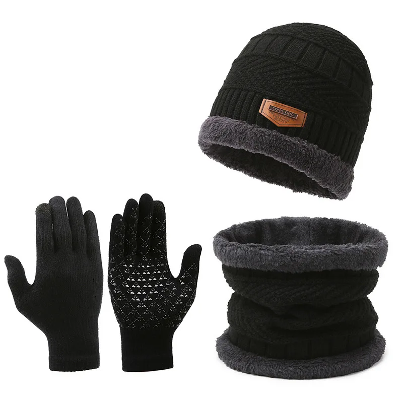 Soft Thicken Wool Ski Hat Men Neck Warm Winter Wool Hat Set Men Beanie Knitted Gloves Scarf Set