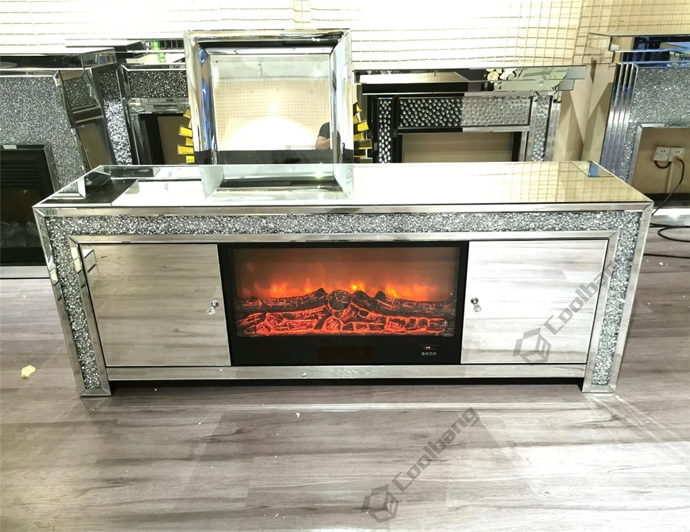 Living Room Crushed Diamond Mirrored TV Stand Cabinet with Electric Fireplace