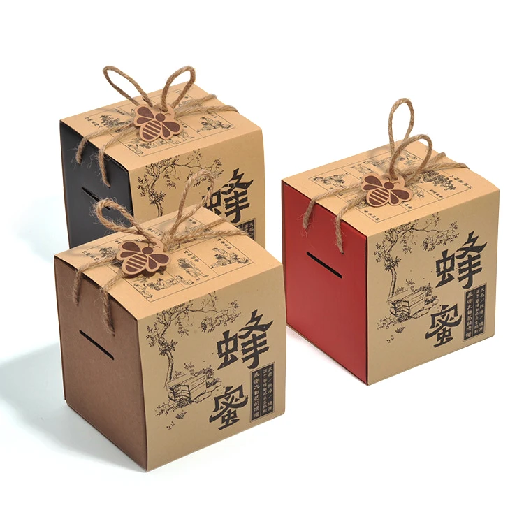 Custom Printed Fold Recyclable Honey Packaging Corrugated Kraft Paper Cardboard Carton Box with Handle