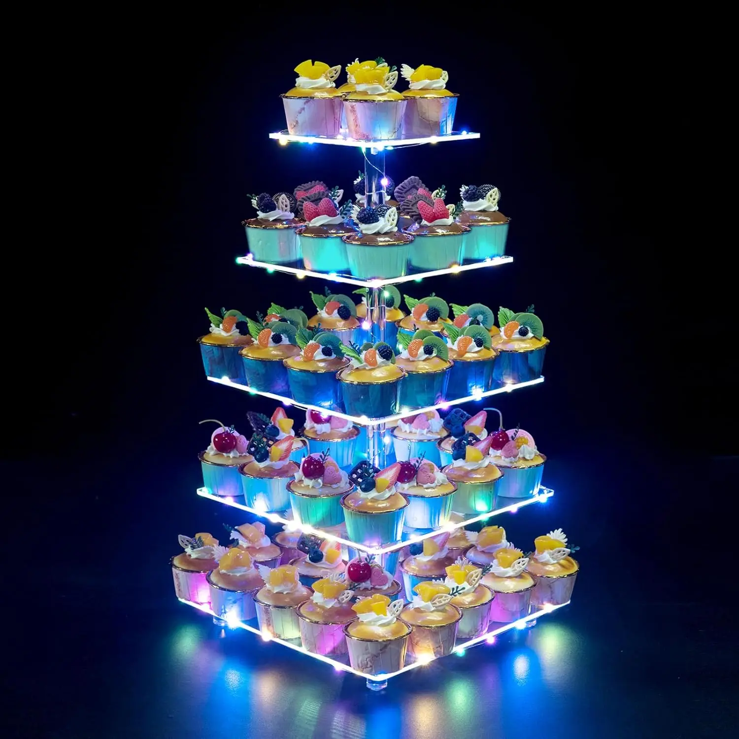 High quality 5-Tier Acrylic Square Cupcake Stand with LED Light String Dessert Stand for Birthday Wedding Party