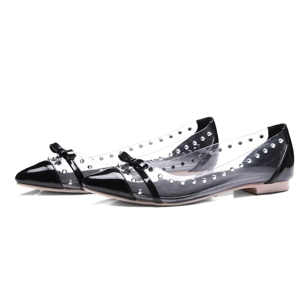 
New Arrival Rivets Bow Slip on Pointed Toe Transparent Fashion Ladies Shoes Women Flats 