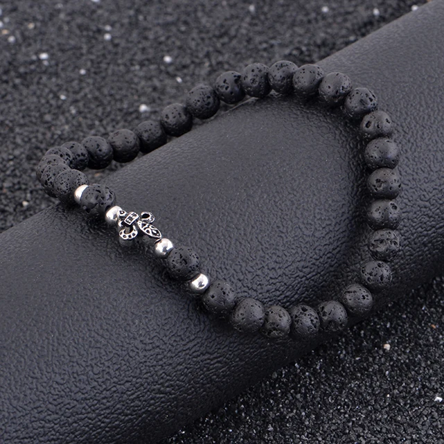 vendors Customize stainless steel men jewelry   beads 6mm black Lava Stone Elastic  Bracelet for gift