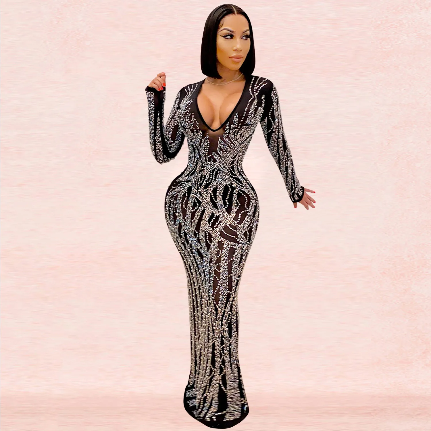 luxury crystal beaded dress petal V-neck sexy dinner mesh sheer dresses split wholesale women diamond rhinestone clothes formal