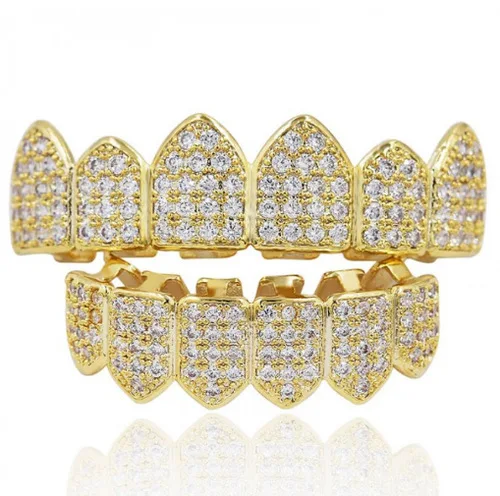 New Wholesale Mens Hip Hop Gold Teeth Grillz Top & Bottom Iced Out Grillz Dental Cubic Zirconia Vampire Custom Grillz Teeth
