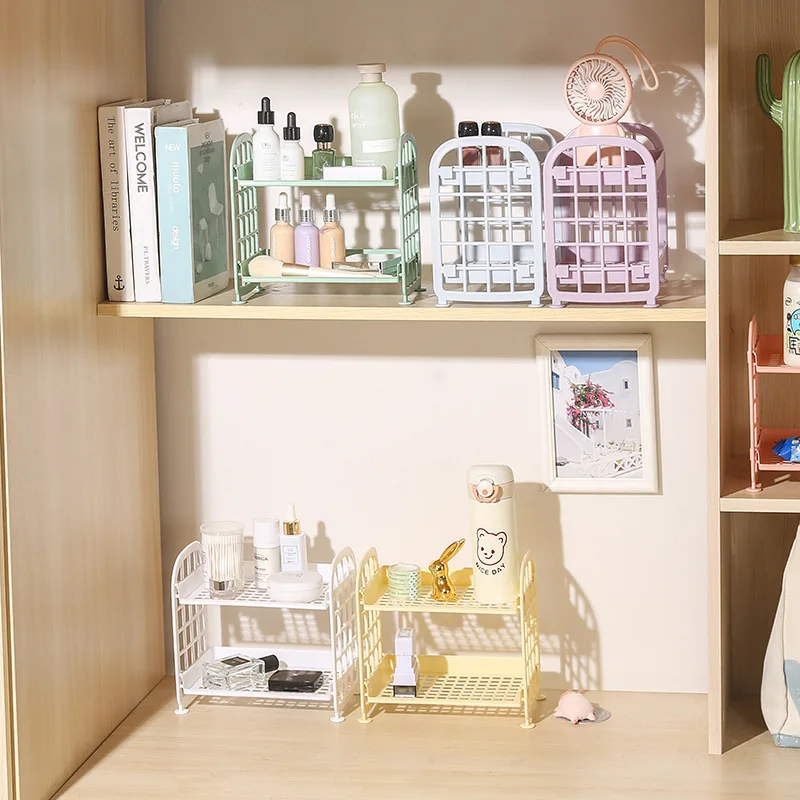 2 layers multi-functional office desktop storage makeup storage desktop cosmetic organizer box plastic storage rack