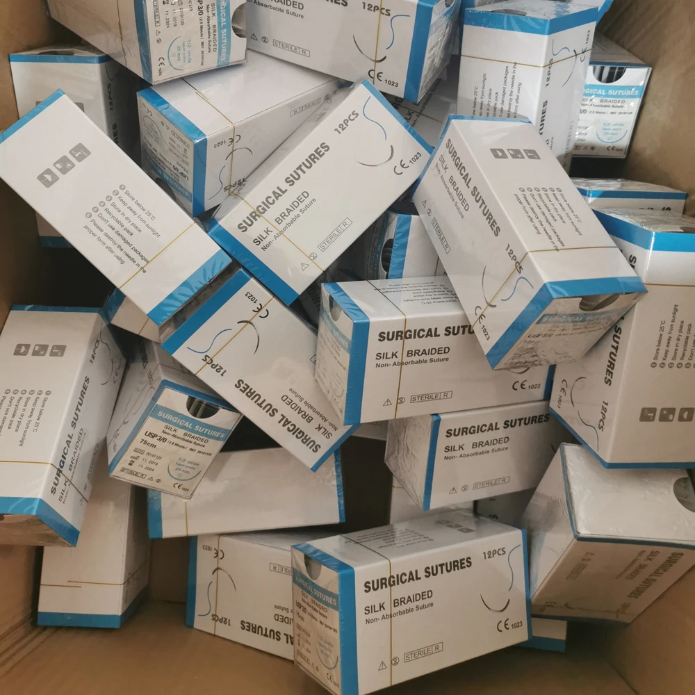 non-absorbable surgical braided multifilament black silk suture with cutting edge needle