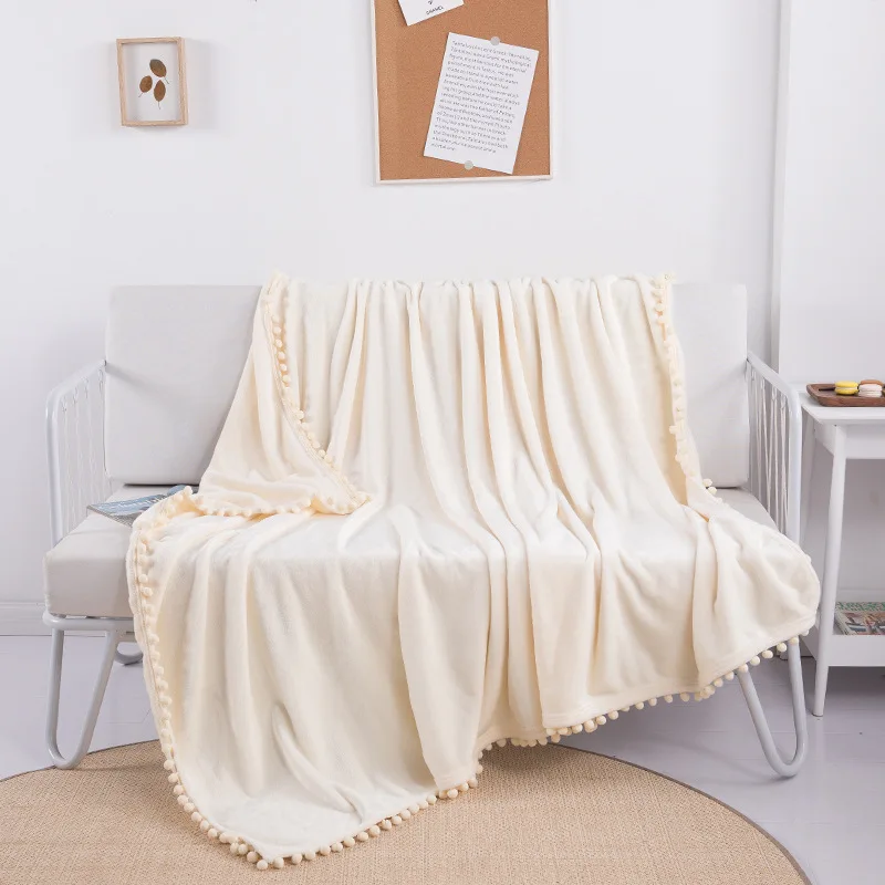 Reactive Printing and Dyeing Eco-friendly Flannel Blanket Four Seasons Super Soft Short Plush Tassel Ball INS Style Blanket