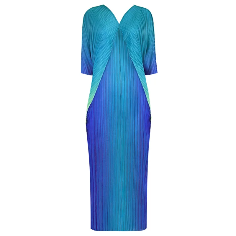 Высокое качество плюс Размер Женская одежда с рисунком градиентная расцветка; Высота плиссированное платье для женщин; Большие размеры платье