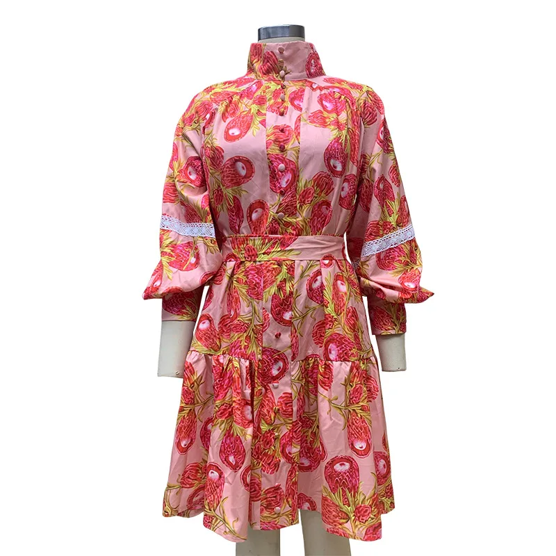 Puff Sleeve Printed Womens Dresses Elegant 2024 Trendy Plus Size Casual Swing Dress for Lady