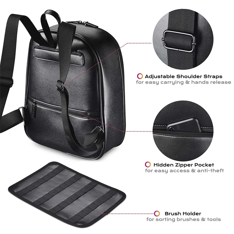 custom black dresser PU leather artist cosmetic backpack bag for makeup barber backpack