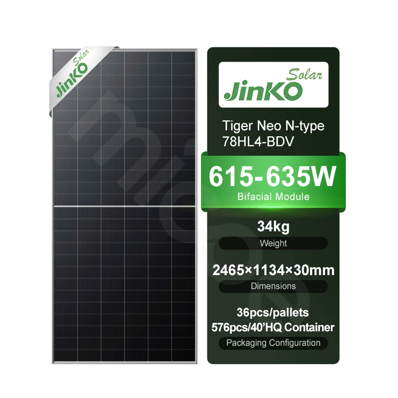 Jinko Tiger Neo N type 78HL4-BDV 615-635 Watt Bifacial Module Dual Glass 615W 620W 625W 630W 635W Solar Panels