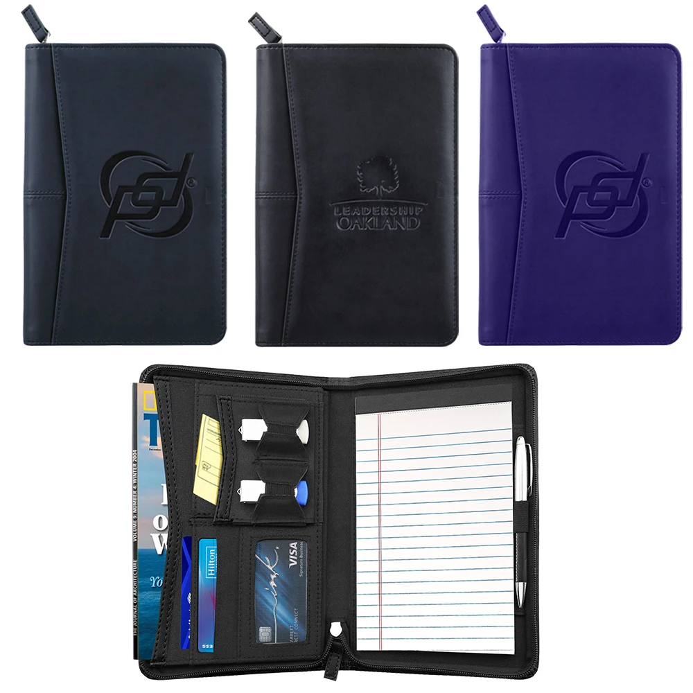 Custom Logo Zipped Padfolio/ Junior Portfolio Folder Case, A5 Leather Organizer Binder, 5 x 8 Writing Pad Included