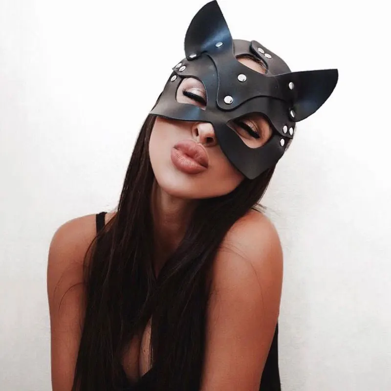Half Eyes Cosplay Mask Face Cat Leather Harness Mask  Women Leather Fun Cat Mask Black Halloween