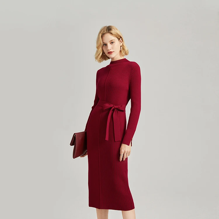 Custom Autumn Spring Knitted Long Dress Knit Rib 100% Wool Cashmere Sweater Dress For Women