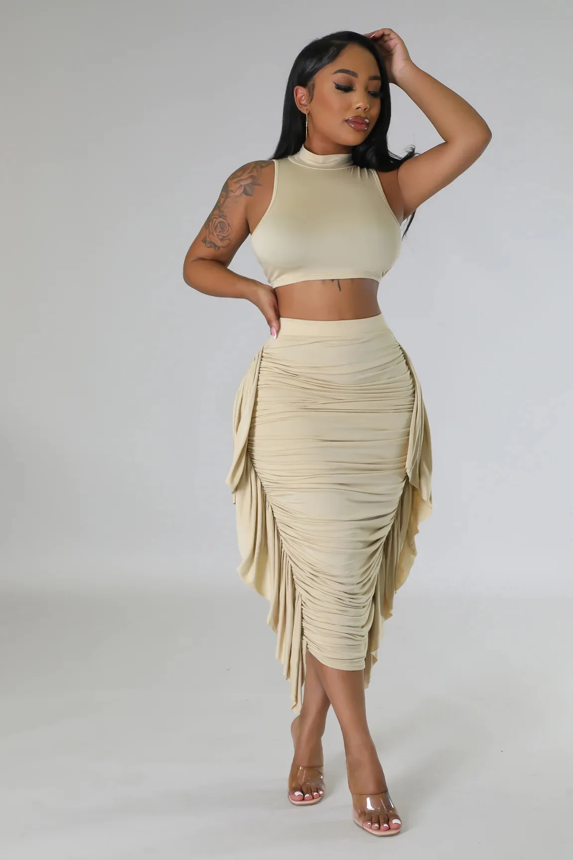 2023 Fashion sleeveless t-shirt falbala 2 piece skirt sets summer fringe 2 piece skirt set women long skirt and crop top sets