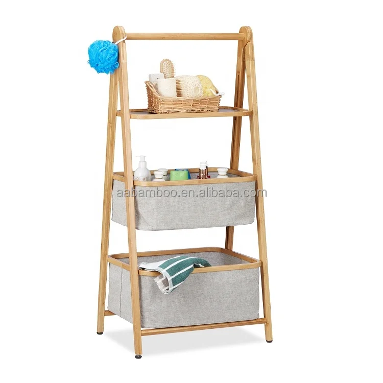 3-tier bamboo wooden storage bathroom ladder shelves