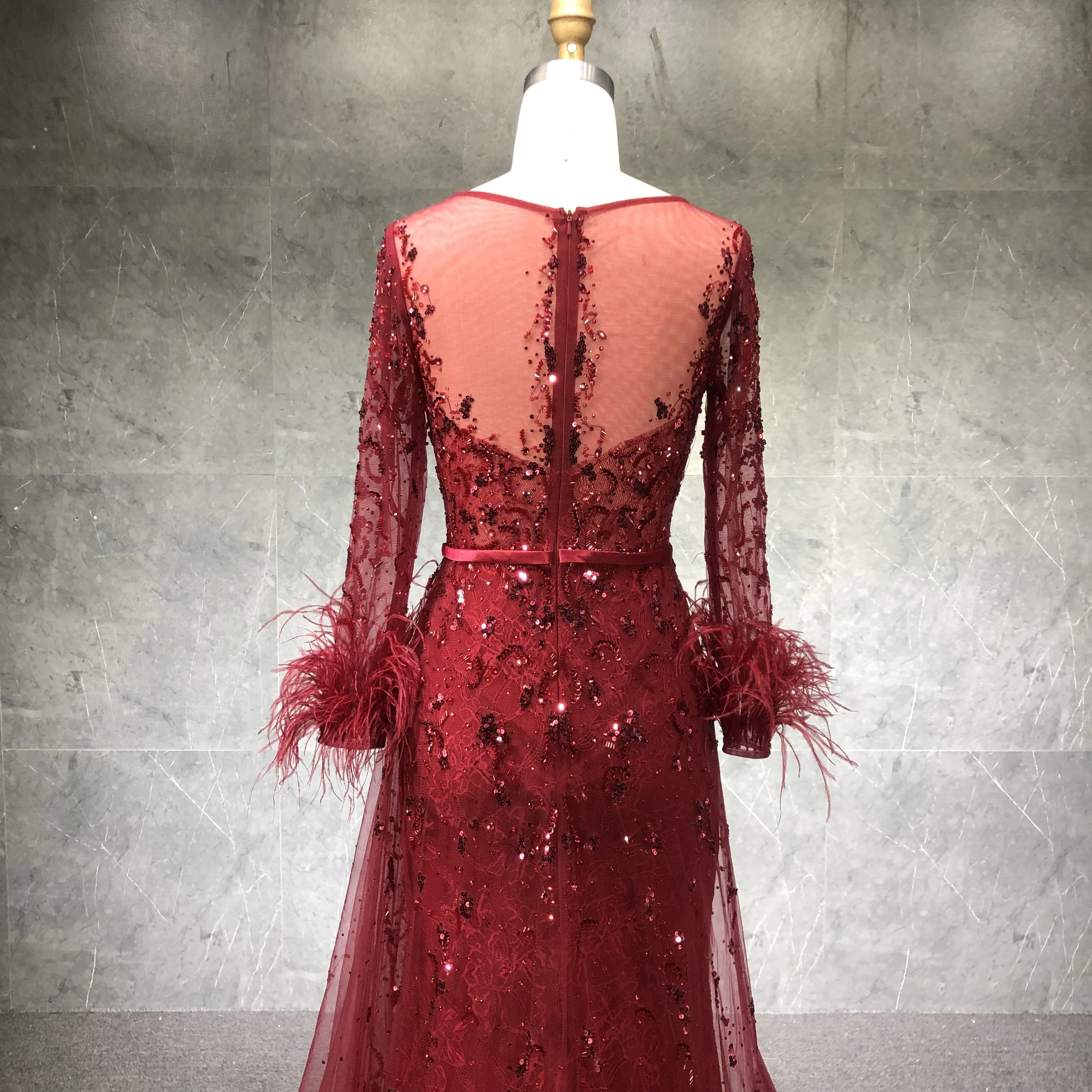 Champagne Long Sleeve Dress Beaded Feather Long Dress Elegant  Party Evening Gowns For Women