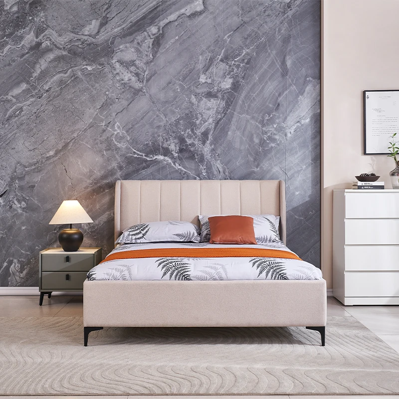 Modern High Quality Bedroom Furniture Solid Wood Bed Frame Luxury Bed Fabric Upholstered King Double Bed