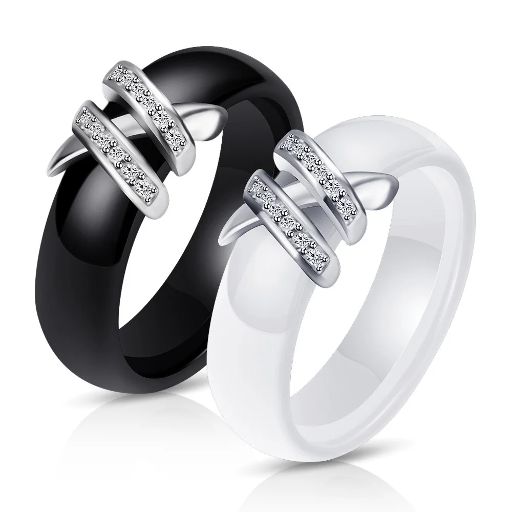 New Arrival 6mm Black and White Ceramic Rings with X Design Zircon Waterproof Fashion Jewelry for Women Wedding and Party Gift