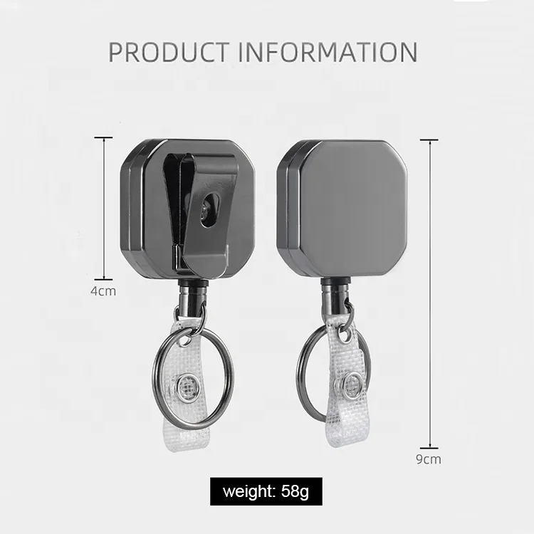 Heavy Duty Square Metal Retractable Badge Reel Metallic Pull Wire Cable Keychain Reel for ID Badge Card Holding