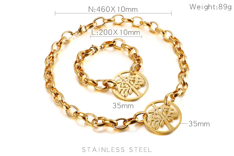 Kalen Fashion Adjustable Link Chain Hollow Tree Bracelet Necklace Women Stainless Steel Jewelry Set