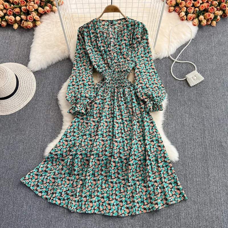R30442S 2022 Small floral long skirt spring and summer fashion new style gentle wind waist slimming V-neck chiffon dress women