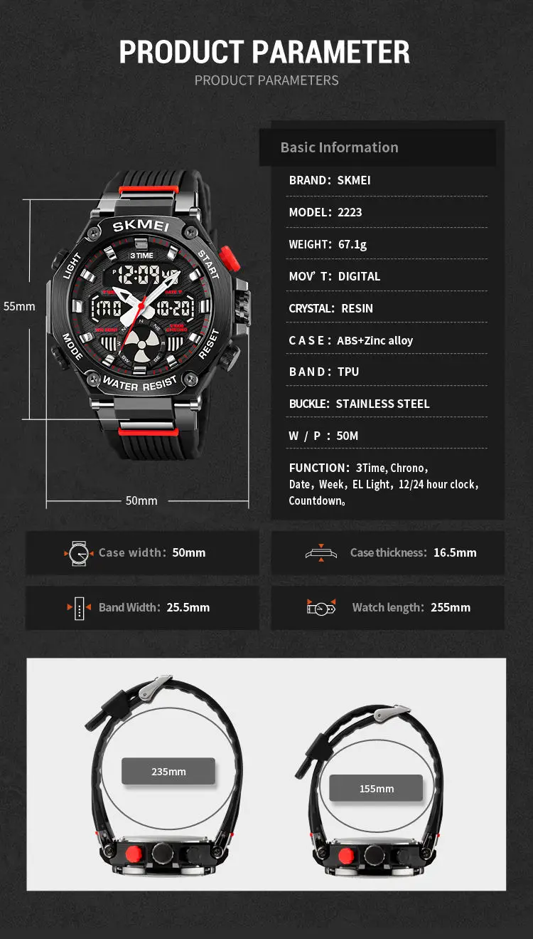 Skmei 2223 custom face  gents quartz watch stylish Silicone band double display Chronograph character business wrist watch
