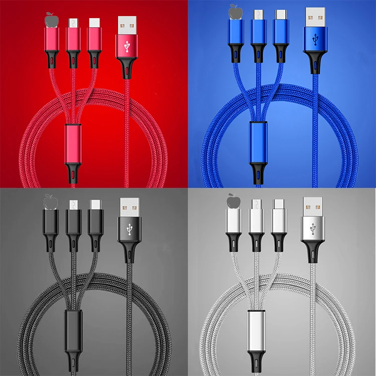 Hot sell nylon braided 1.2m 3 in 1 usb 3.0 charger cable micro usb 8pin type C fast charging data cable for mobile phone