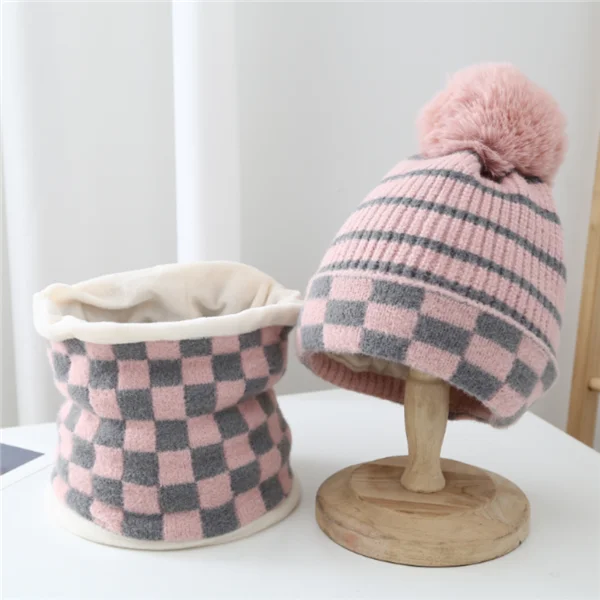 Winter Checkers Knitting Winter Warm Hat and scarf set Outdoor Sports Beanie with the Pompom