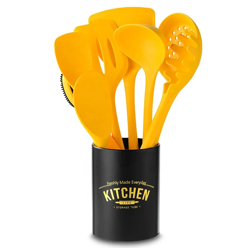 9 Piece Yellow Silicone Cooking Tools Accessories Kitchen Ware Non Stick Cookware Set Kitchen Utensils with Storage Bucket
